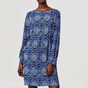 LOFT Baroque Electric Sapphire Printed Tie-Waist Shirt Dress | Size Small